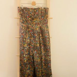 Strapless jumpsuit in rainbow brocade